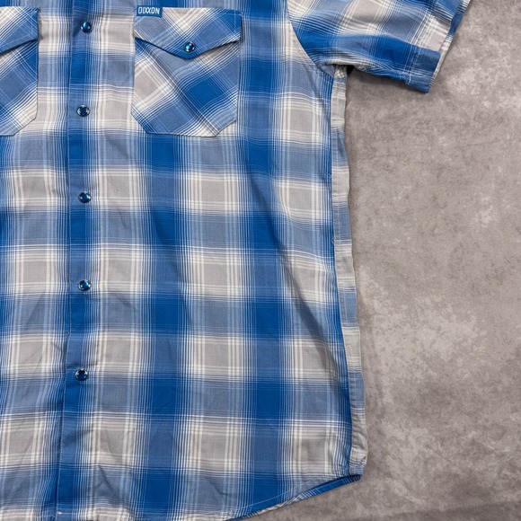 Dixxon Rincon Bamboo Blend Short Sleeve Plaid Snap Button Shirt Large Blue White - Picture 10 of 11